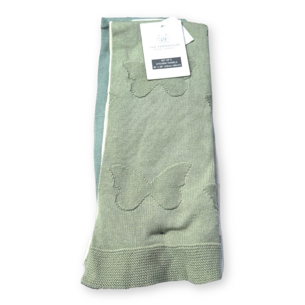Rachel Ashwell The Farmhouse Butterfly Kitchen Towels Set of 3 Green Cream Teal